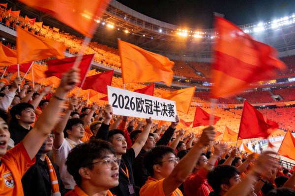2026年欧冠半决赛前瞻，球迷在看台上挥舞旗帜，气氛热烈，橙色与红色交织
