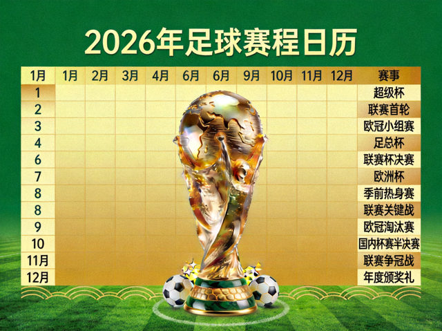 2026年足球赛程日历概念图，金色奖杯与绿色草坪背景，象征全年赛事精彩纷呈